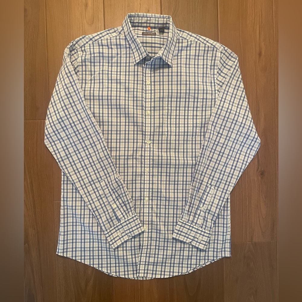 Van Heusen Blue and White Plaid Dress Button Down Shirt